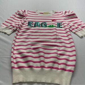 Judith March Golf Eagle Sequin Sweater Pink Stripe Puff Sleeve Knit Top Women S